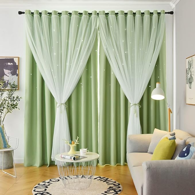 Star Curtains Double Layer Blackout Curtains for Bedroom Kids Curtains 63 Inches Long 2 Panels Set, Green 42 X 63 Inches