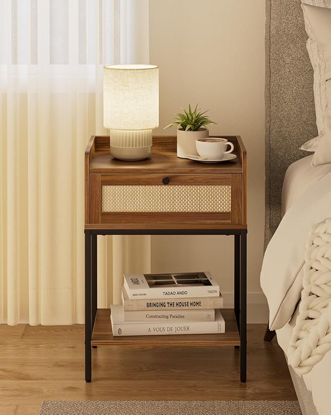 Masupu Rattan Nightstand,3-Tier Modern Bedside Night Stand with Storage Drawer and Shelf,Small End Side Table for Bedroom,Living Room,Walnut Brown (Without Outlet, Brown)