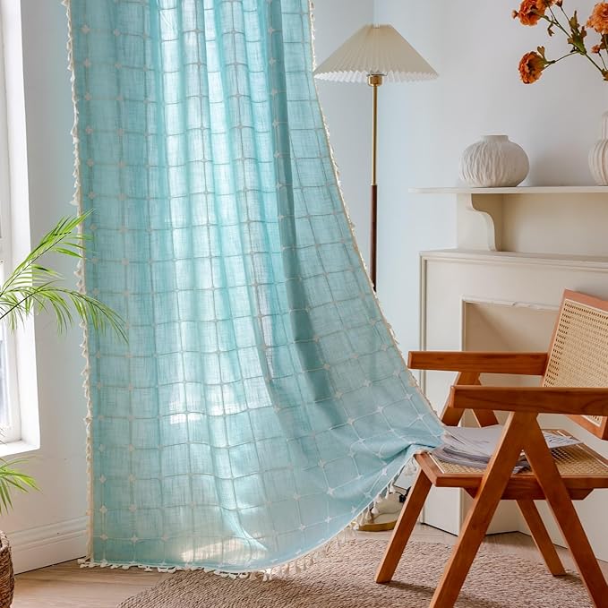 Sutuo Home Boho Curtains 96 Inches Long for Bedroom Living Room, Semi Blackout Linen Plaids Farmhouse Tassels Window Treatment Bohemian Embroidery Drape,Rod Pocket 1 Panel 52" W x 96" L, Aqua Blue