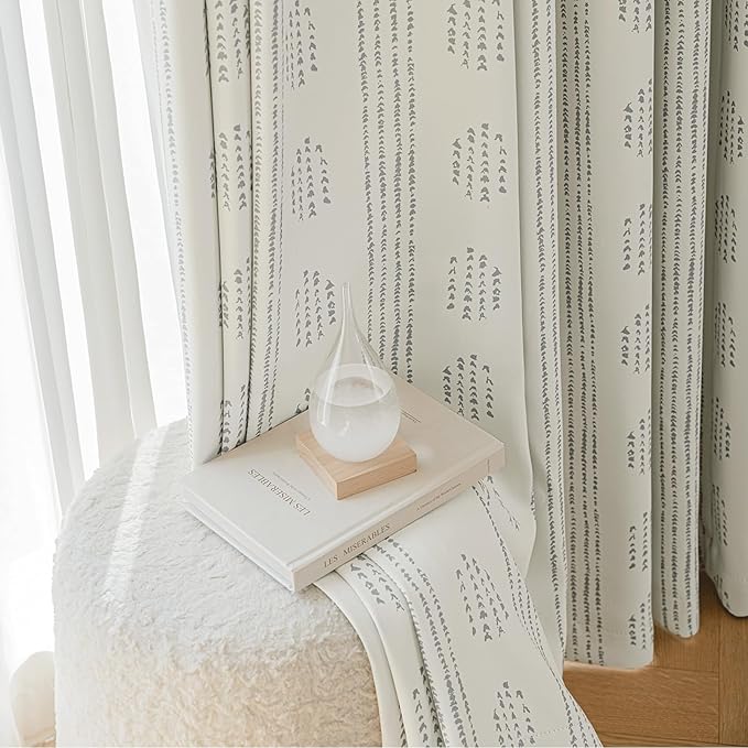 100% Boho Blackout Curtains 63 Inches Long for Bedroom, Grey on Beige Patterned Bohemian Curtains for Living Room, Geometric Striped Thermal Insulated Window Drapes Gromment Top 2 Panels