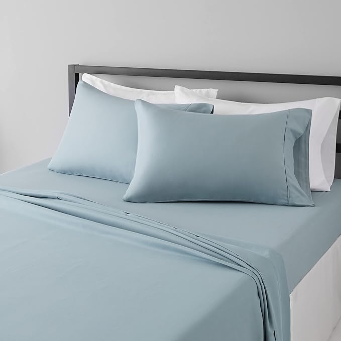 Amazon Basics Lightweight Super Soft, Wrinkle-Free Easy Care Microfiber 4 Piece Bed Sheet Set with 14-Inch Deep Pockets, Full, Spa Blue, Solid