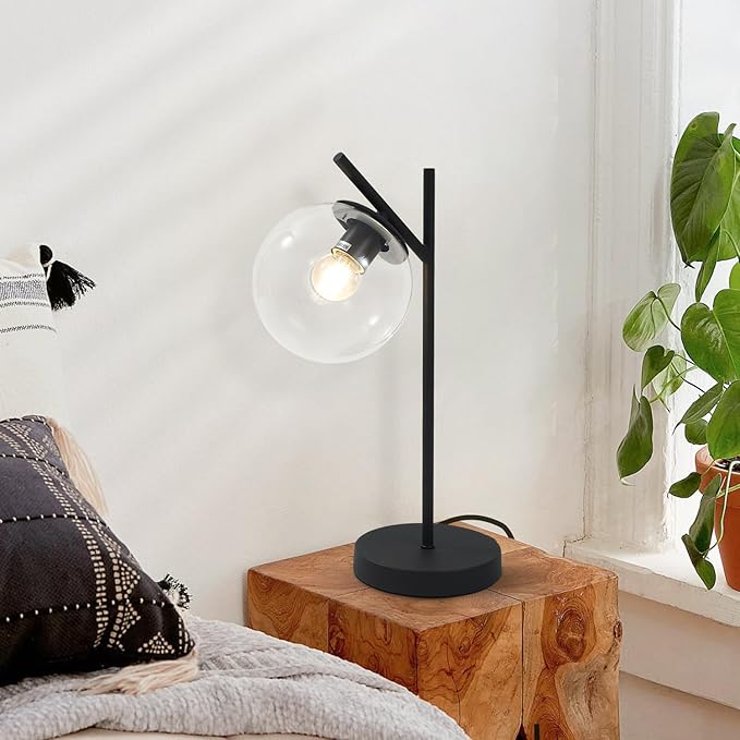 Mid Century Table Lamp Vintage Bedroom Desk Lamp Black Nightstand Lamp Contemporary Clear Glass Globe Bedside Lamp for Office Study Room