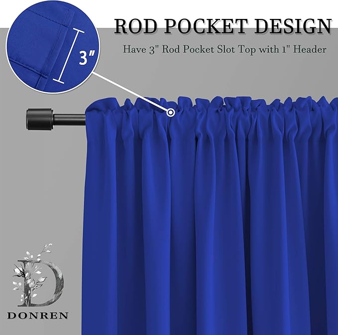 DONREN Royal Blue Rod Pocket Blackout Curtains for Kitchen - Window Treatment Energy Saving Solid Curtains (52 by 72 Inches,2 Panels)