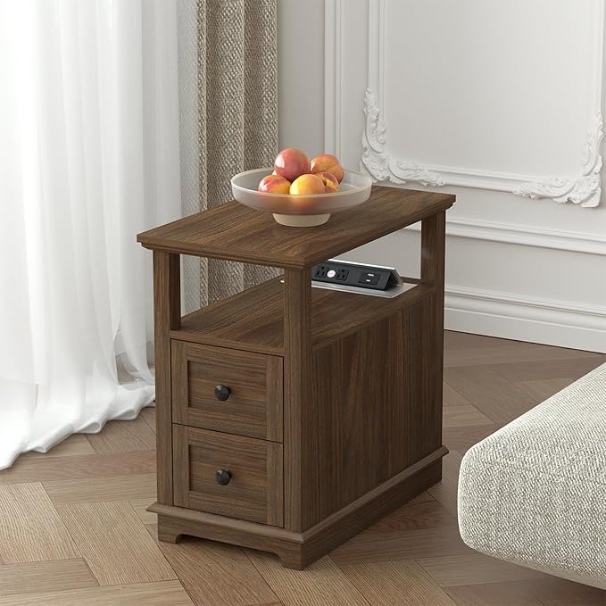 HIFYOBRO Narrow End Table with Flip Top Charging Station Set of 2, Side Table with 2 Drawers, Type-C & USB Port & Power outlets, Wooden Storage Cabinet for Living Room and Bedroom