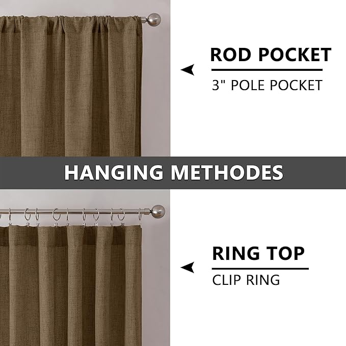 Tollpiz Short Linen Curtains Living Room Rod Pocket Semi Sheer Curtain Burlap Light Filtering Thick Linen Drapes for Bedroom, 54 x 54 inches Long, Brown, Set of 2 Panels