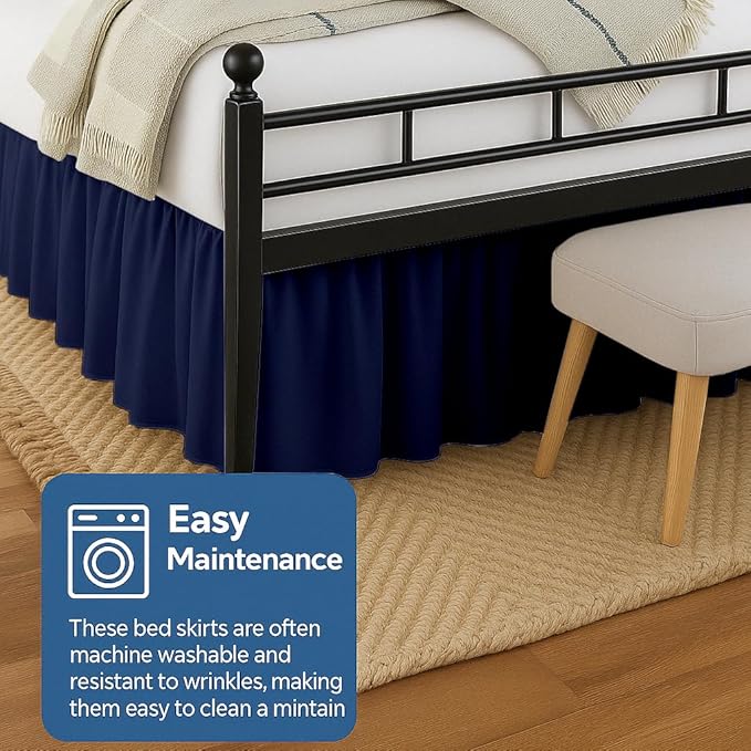 Ruffled Bed Skirt Split Corners with Platform, Tailored Fit Hotel Quality Wrinkle Free Ultra-Soft Microfiber Dust Ruffle, Upto 16 Inch Drop, Queen, Navy Blue