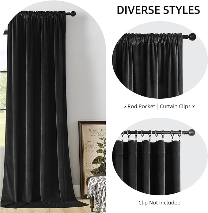 Joydeco Velvet Curtains Extra Wide, Long Luxury Black Blackout Thermal Insulated Rod Pocket Window Curtains, Super Soft Room Darkening Drapes for Living Room Bedroom, W100 x L96 Inch, Black
