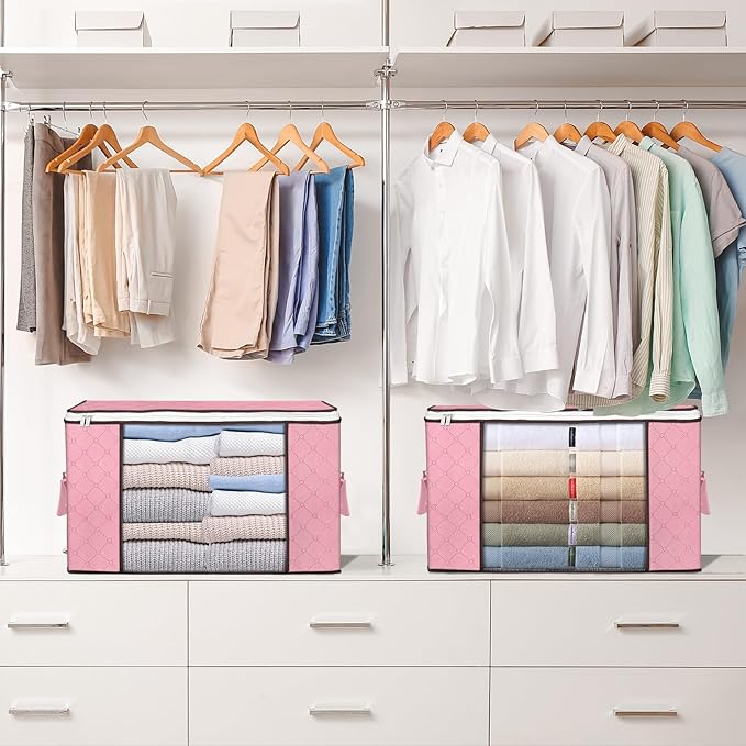 90 L Large Storage Bags, 8 Pack Clothes Storage Bins Foldable Closet Organizer Storage Containers with Durable Handle Storage and Organization, Blanket, Comforters, Bed Sheets, Pillows and Toys (Pink)