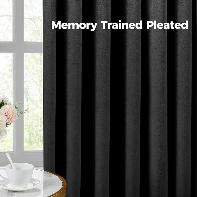 Pinch Pleated 100% Blackout Curtains for Bedroom, Black Velvet Curtains for Living Room, Black Out Curtain 102 inch Long Room Darkening, Blackout Pinch Pleat Drapes with Hooks 2 Panels
