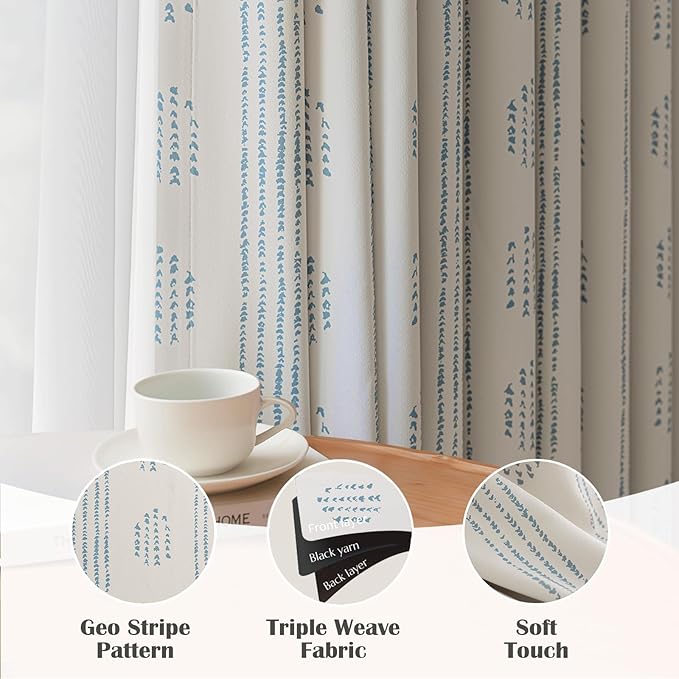 100% Boho Blackout Curtains 84 Inches Long for Bedroom, Blue on Beige Patterned Bohemian Curtains for Living Room, Geometric Striped Thermal Insulated Window Drapes Gromment Top 2 Panels