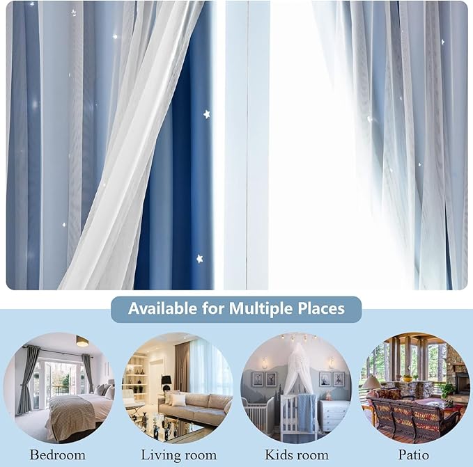 Star Curtains for Living Room Drapes for Bedroom Blackout Curtains for Bedroom Kids Curtains Double Layer Curtains Curtains 96 Inches Long 2 Panels Set, Blue Curtains, 52 X 96 Inches