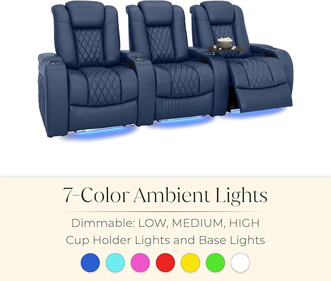 Seatcraft Diamante Zero-Gravity CoolZero Italian Leather Home Theater Seating, Power Headrest, Power Recline, Row of 4 Sofa, Navy Blue