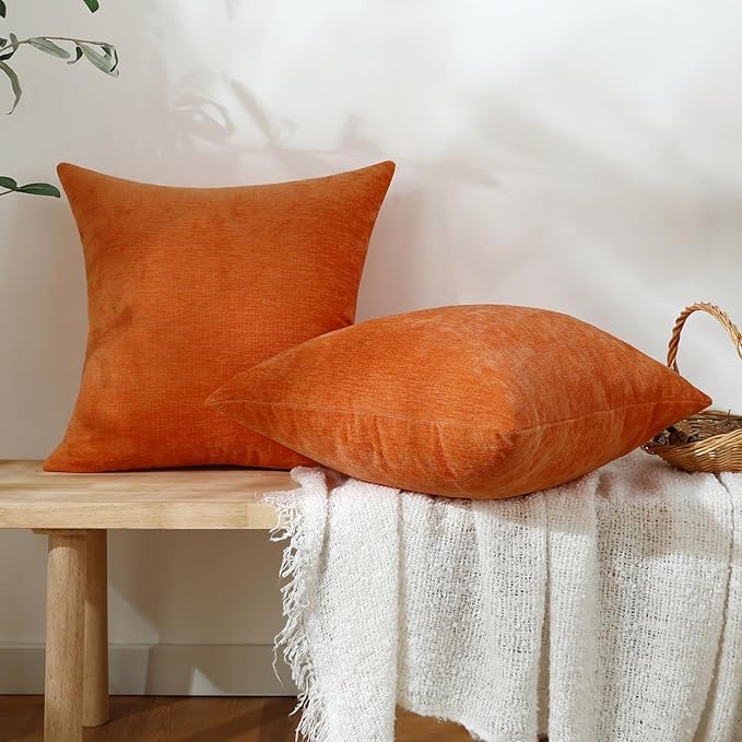 Jeneoo Bright Orange Decorative Throw Pillow Covers Soft Chenille Comfy Square Couch Cushion Cases for Living Room Sofa Decor (Set of 2, 20 x 20 Inches)