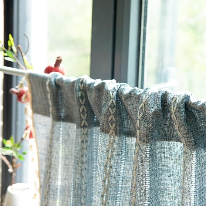 Sutuo Home Blue Boho Curtain 52W x 18L inch White Striped Light Filtering Short Valance, 1 Panel Embroidery Bohemian Farmhouse Country Kitchen Window Treatment Decor for Small Closet