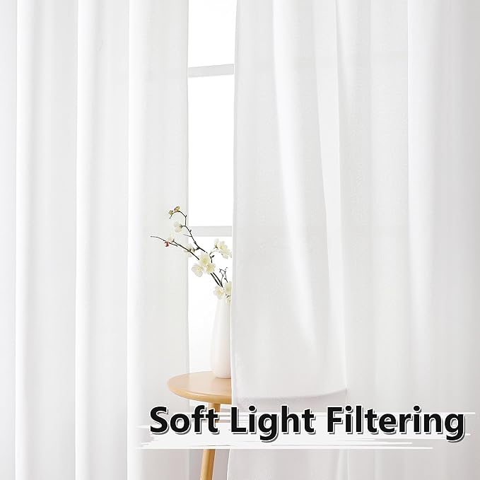 Tollpiz Short Linen Curtain Living Room Rod Pocket Semi Sheer Curtains Burlap Light Filtering Thick Linen Drape for Bedroom, 54 x 45 inches Long, White, Set of 2 Panels