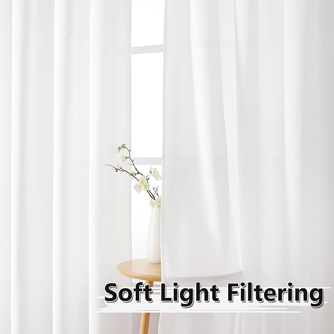 Tollpiz Short Linen Curtains Bedroom Rod Pocket Semi Sheer Curtain Burlap Light Filtering Thick Linen Drapes for Living Room, 38 x 45 inches Long, White, Set of 2 Panels