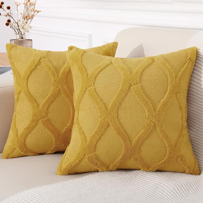 decorUhome Spring Throw Pillow Covers 16x16 Inch Set of 2, Soft Plush Faux Fur Wool Mustard Yellow Couch Pillow Covers, Decorative Neutral Pillow Cases for Bed Sofa Living Room Home Decor