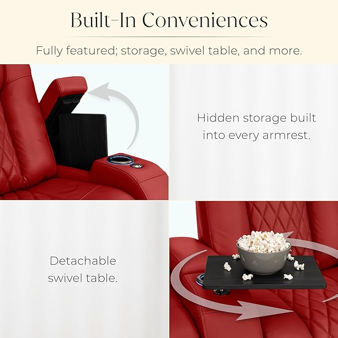 Seatcraft Diamante Zero-Gravity CoolZero Italian Leather Home Theater Seating, Power Headrest, Power Recline, Row of 5 Right Loveseat, Red