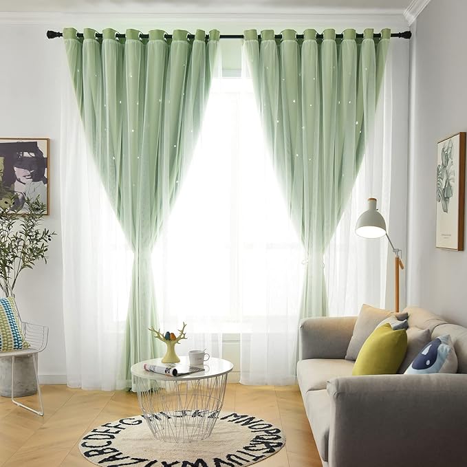 Star Double Layer Blackout Curtains for Bedroom, Kids - Cute, 108 Inches Long, 2 Panels Set, Green, 42 X 108 Inches