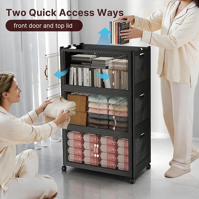 480Qt Stackable Storage Bins with Lids, 4 Pack Large Collapsible Bins with Wheels, Plastic Cabinet with Doors, Foldable Closet Organizers and Storage for Home, Dorm, Office, Black