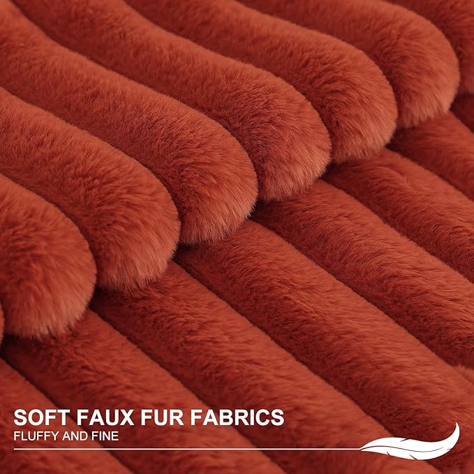 Pallene Faux Fur Plush Fall Throw Pillow Covers 16x16 Set of 2, Luxury Soft Fluffy Striped Decorative Pillow Covers for Sofa, Couch, Living Room, Rust