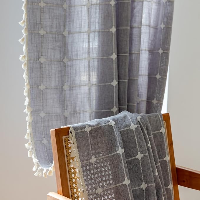 Sutuo Home Boho Curtains 96 Inches Long for Bedroom Living Room,Bohemian Checkered Linen Vintage Chic Tassels Light Filtering Farmhouse Window Treatment Drape, 1 Panel 52" W x 96" L, Dark Grey Plaids