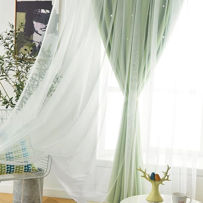 Stars Curtains Double Layer Blackout Bedroom Kids Cute Curtains, 63 Inches Long 2 Panels Set, Green 52 X Inches, × in
