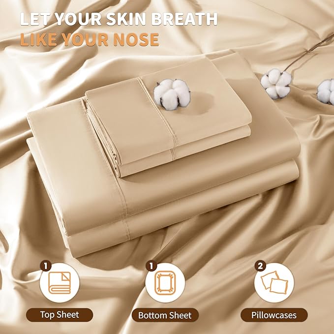 LBRO2M 100% Cotton Sheets Set Deep Pocket 19", 1000 Thread Count King Size 4 Piece Bed Sheet Sets Soft Comfortable Bedding All Season (King, Cream)
