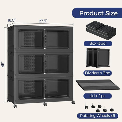 120GAL Storage Bins with Lid and Wheels, Stackable Closet Organizers and Storage Drawer, Collapsible Storage Box with Dividers, Foldable Plastic Cabinets for Room, Kitchen, 3 Pack Black