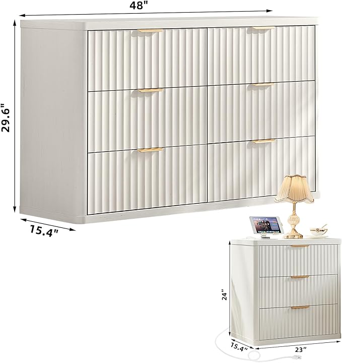 LEYAOYAO 48" Wide Fluted Dresser and 3 Drawers 23" Nightstand Set of 2, Wooden Dresser & Night Stand with Charging Station, 3 Piece Bedroom Furniture Set, Chest of Drawer for Living Room,Antique White