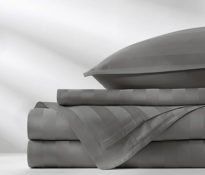 Pure Bamboo Queen Sheets, Genuine 100% Organic Viscose Derived from Bamboo Bed Sheet Set, Luxuriously Soft & Cooling, Double Stitching, 2 Year Quality Promise (Queen, Jacquard Stone)