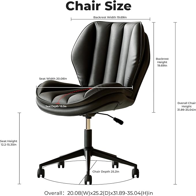 Home Office Desk Chair with Wheels, Armless Adjustable Height PU Leather Office Chair, Mid Back Ergonomic Computer Chair, Walnut Curved Seat Design No-Arm Chair (9008-Black)