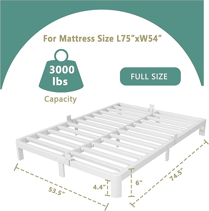 ITIMIDI 6 Inch White Full Size Bed Frame, Platform Bed Frames with Metal Gaskets, Heavy Duty Steel Support 3000 LBS, No Box Spring Needed, Anti-Slip Mattress Stopper, Easy Assembly