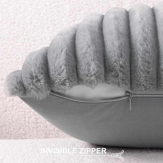 Pallene Faux Fur Plush Throw Pillow Covers 22x22 Set of 2, Luxury Soft Fluffy Striped Decorative Pillow Covers for Sofa, Couch, Living Room, Grey
