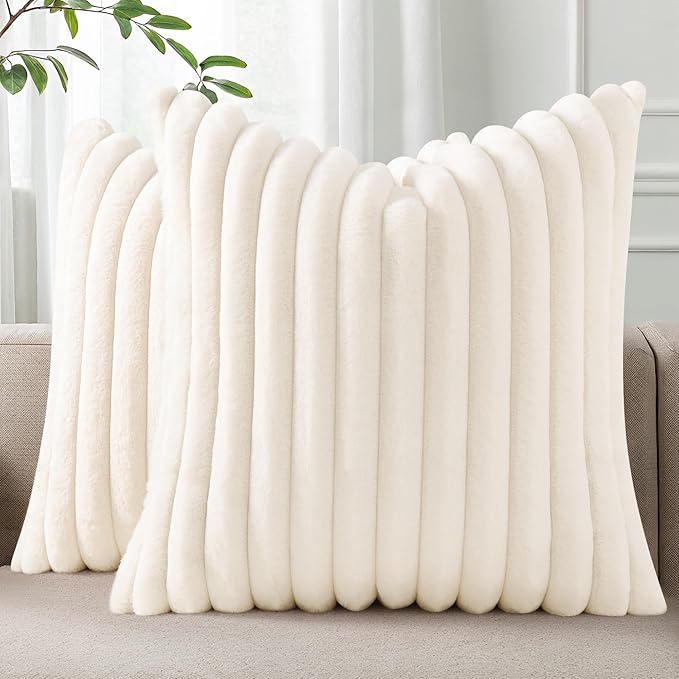 Pallene Faux Fur Plush Throw Pillow Covers 22x22 Set of 2, Luxury Soft Fluffy Striped Decorative Pillow Covers for Sofa, Couch, Living Room, Cream White