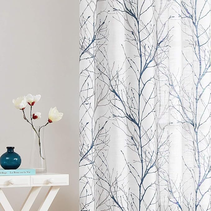 FMFUNCTEX Blue White Curtains 50" X 45" for Kitchen Living Room Tree Branch Print Wrinkle- Free Small Linen Texture Semi Sheer Window Panels for Bedroom 2 Panels, Grommet Top