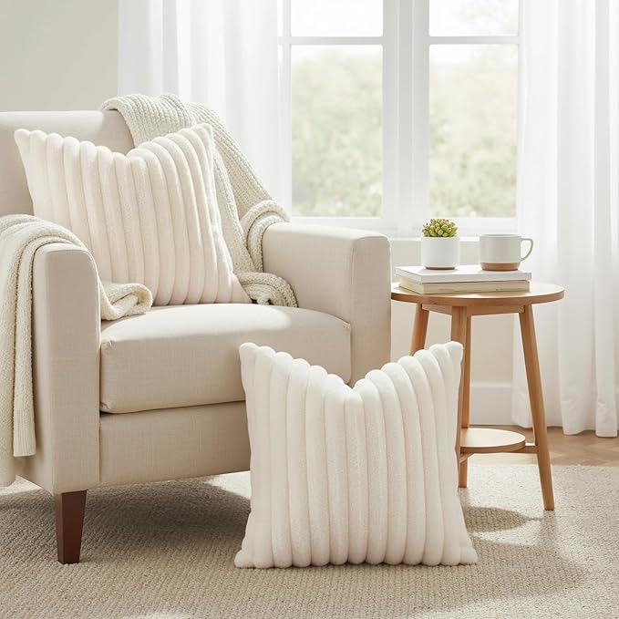 decorUhome Faux Fur Spring Throw Pillow Covers 18x18 Set of 2, Decorative Soft Plush Striped Neutral Couch Pillow Covers with Velvet Back for Sofa, Bed, Living Room Home, Cream White