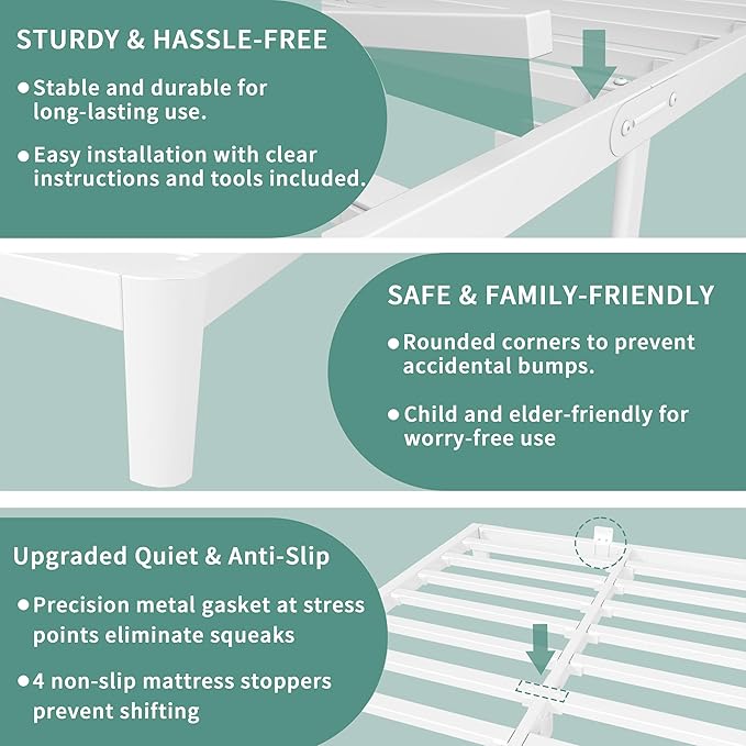 ITIMIDI 6 Inch White Full Size Bed Frame, Platform Bed Frames with Metal Gaskets, Heavy Duty Steel Support 3000 LBS, No Box Spring Needed, Anti-Slip Mattress Stopper, Easy Assembly