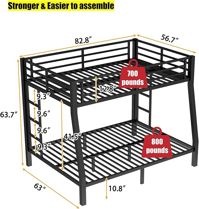 Upgraded & Stronger Heavy Duty Metal Full XL Over Queen Bunk Bed for Adults & Teens, Thickened More Stable Safer Bunkbeds (Greater Weight Capacity) (Full XL Over Queen)