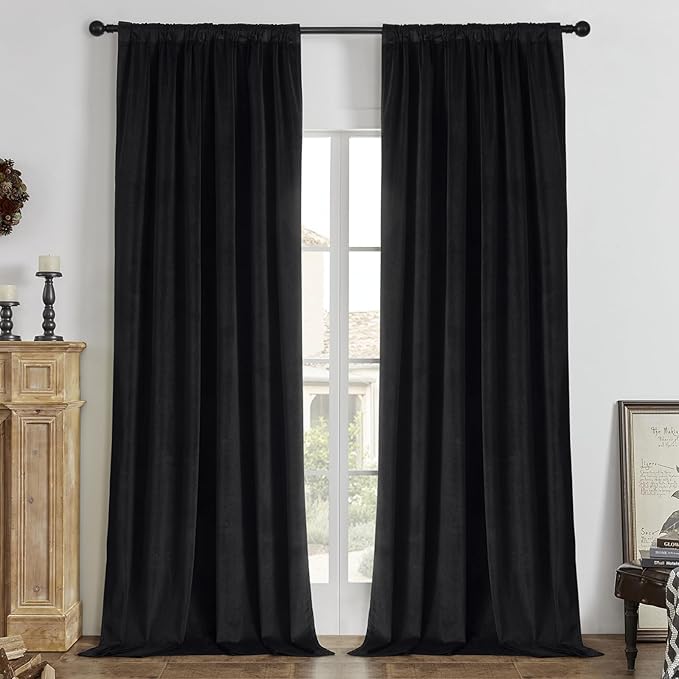 Joydeco Black 100% Blackout Curtains 102 Inch 2 Panels, Luxury Thermal Insulated Black Velvet Curtains for Bedroom Living Room, Soundproof Blackout Window Drapes, Rod Pocket & Back Tab (42W x 102L)