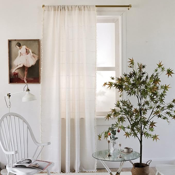 Sutuo Home Boho Curtain for Bedroom 84 Inch Length, Light Filtering Country Farmhouse Vintage Chic Tassels Window Treatment Bohemian Grid Drape for Decor 1 Panel 52" W x 84" L, Cream White Plaids