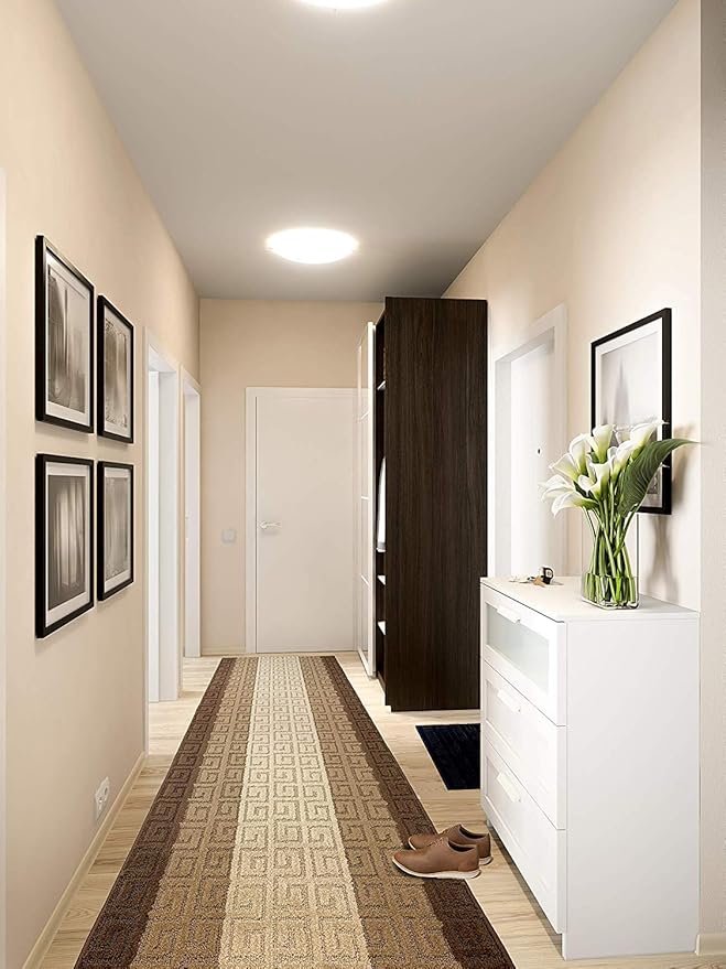 Custom Length Hallway Runner Rug,Slip Resistant,Meander Brown, 26 Inch X 7 feet, Sold and Priced Per Foot