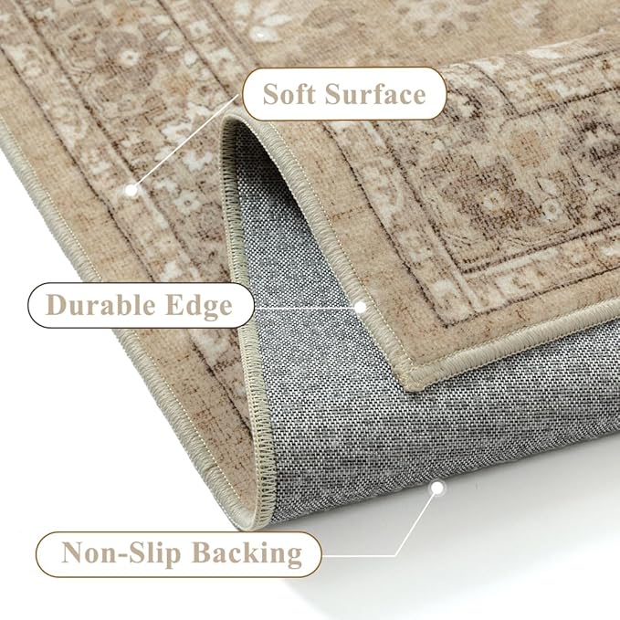 5x7 Brown Area Rug Non Slip Vintage Living Room Distressed Machine Washable Carpet Retro Indoor Bedroom Floral Traditional Accent Throw Rug for Office Kitchen Dorm Dining Room