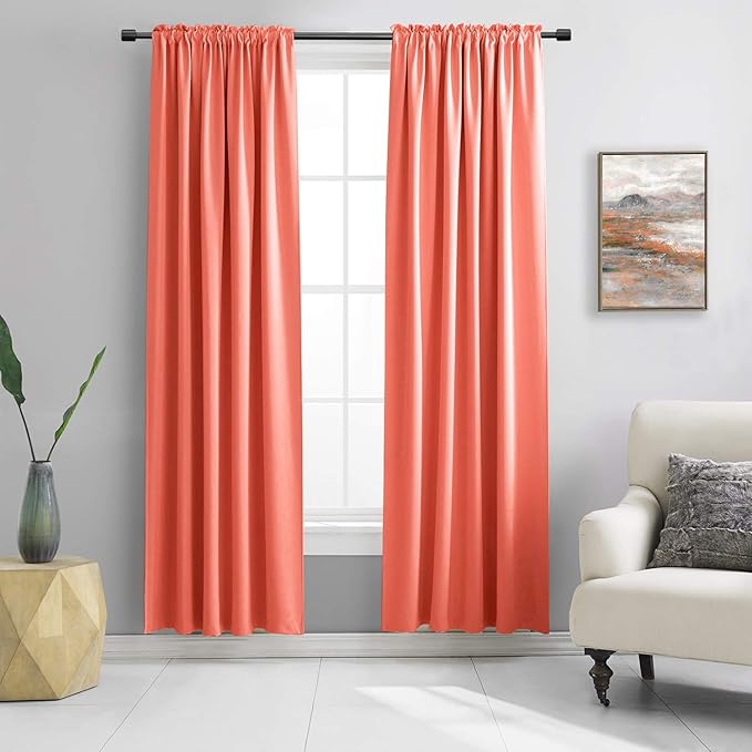 DONREN 90 Inch Length Blackout Curtains Rod Pocket Curtain Panels - Thermal Insulated Curtains for Living Room (52 W x 90 Inches Long,Coral,2 Panels)
