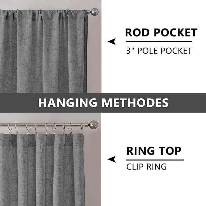 Tollpiz Short Linen Curtains Living Room Rod Pocket Semi Sheer Curtain Burlap Light Filtering Thick Linen Drapes for Bedroom, 54 x 54 inches Long, Dark Grey, Set of 2 Panels