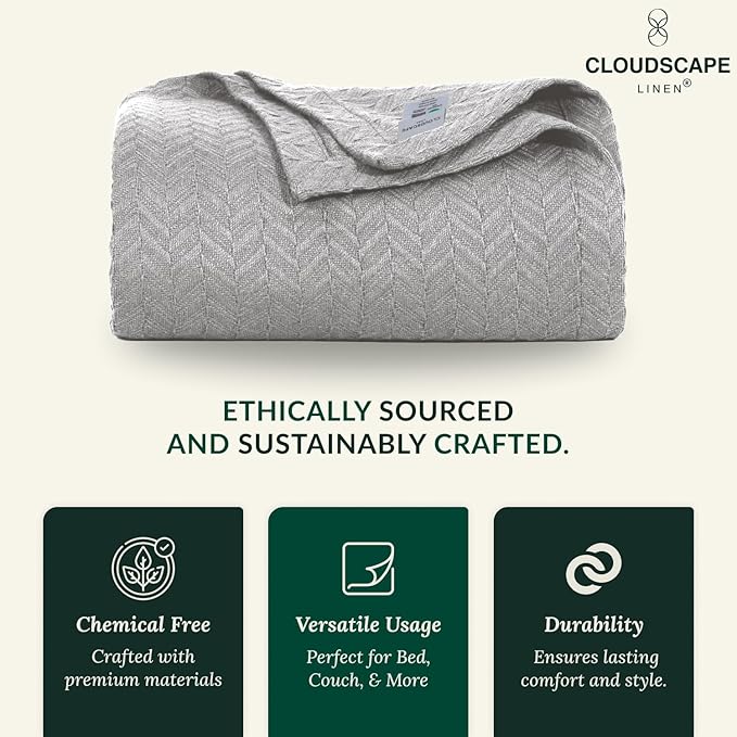 Cloud Scape Linen 100% Cotton Throw Blanket 50x70 Charcoal Grey, Luxury All-Season Warmth, Ultra Soft, Oversized Herringbone Gauze Blanket for Winter, Bed, Couch & Sofa Decor, Best Gift Idea