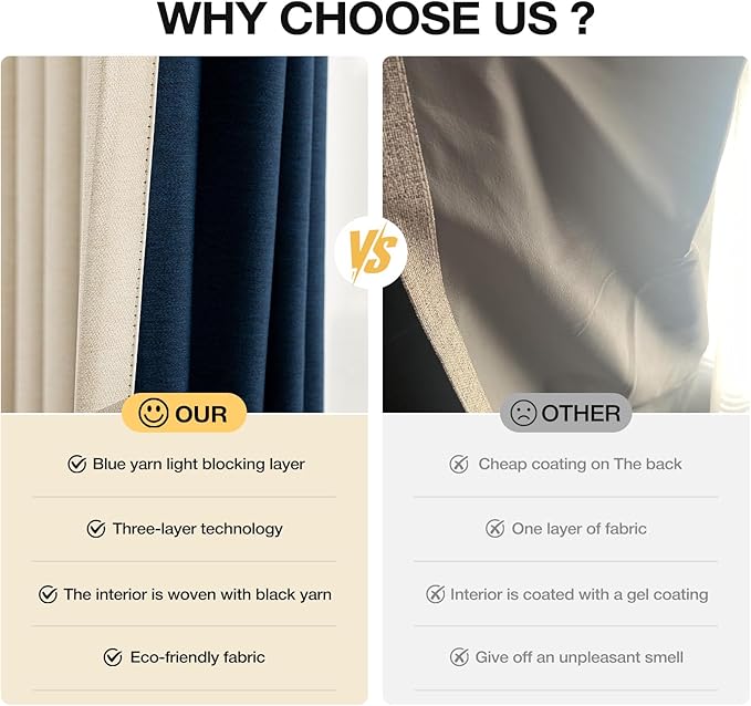 Blackout Curtains for Bedroom 90 inch Length 2 Panels Set, Farmhouse Linen-Look Textured Full Light Blocking Room Darkening Thermal Insulated Drapes for Living Room (W52xL90, Cream)