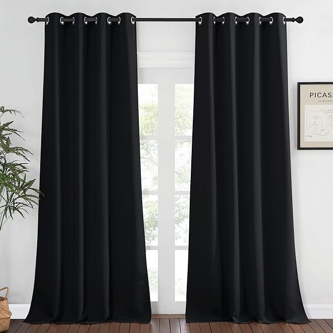 NICETOWN Blackout Bedroom Window Curtain Drape - (52 by 120 inches, Black, Sold as 1 Panel) Thermal Insulated Solid Grommet Drape for Hall/Dining Room