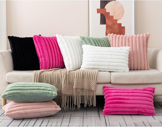 ZLINA Set of 2 Hot Pink Faux Fur Decorative Throw Pillow Covers Fluffy Striped Pillowcase Cushion Covers 26 x 26 Inch Decor Sofa Couch Bedroom