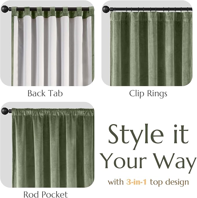 Lazzzy Velvet Green Curtains 108 Inches Long Black Out Thermal Insulated Room Darkening Curtain Drapes Luxury Back Tab Window Treatments for Bedroom Living Room 2 Panels, 52 x 108 Inch, Olive Sage
